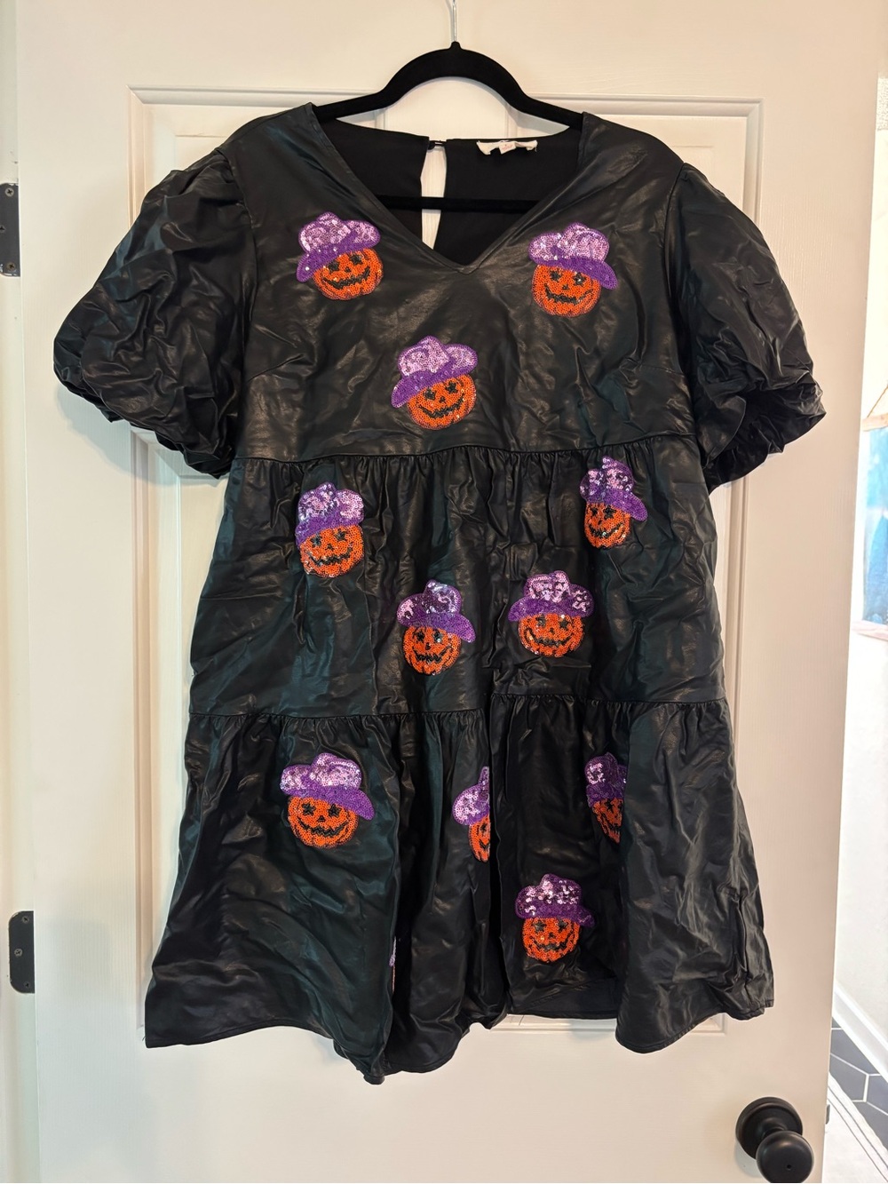 Peach Love California Black Mini Dress with Orange & Purple Pumpkin Appliqués